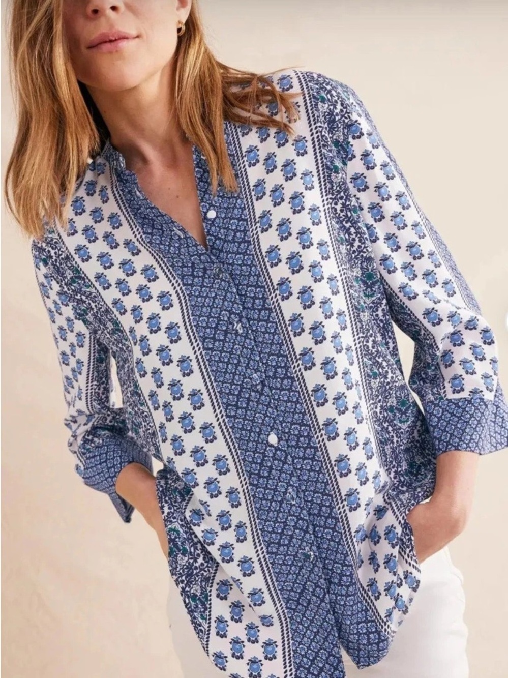 Boden Blue and White Floral-Print Wide Sleeve Relaxed Blouse